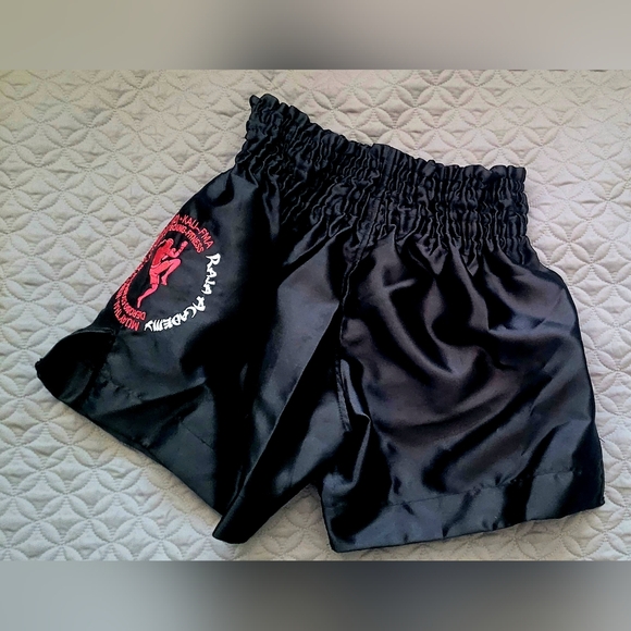 Black Satin MUAY THAI BOXING Shorts - Raja Academy - Picture 2 of 4
